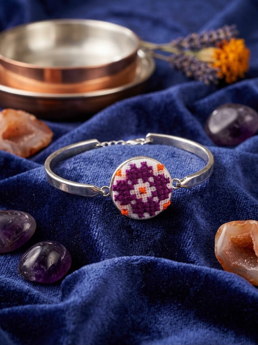 Vintage Style Embroidered Cuff Bracelet with Purple Floral Motif