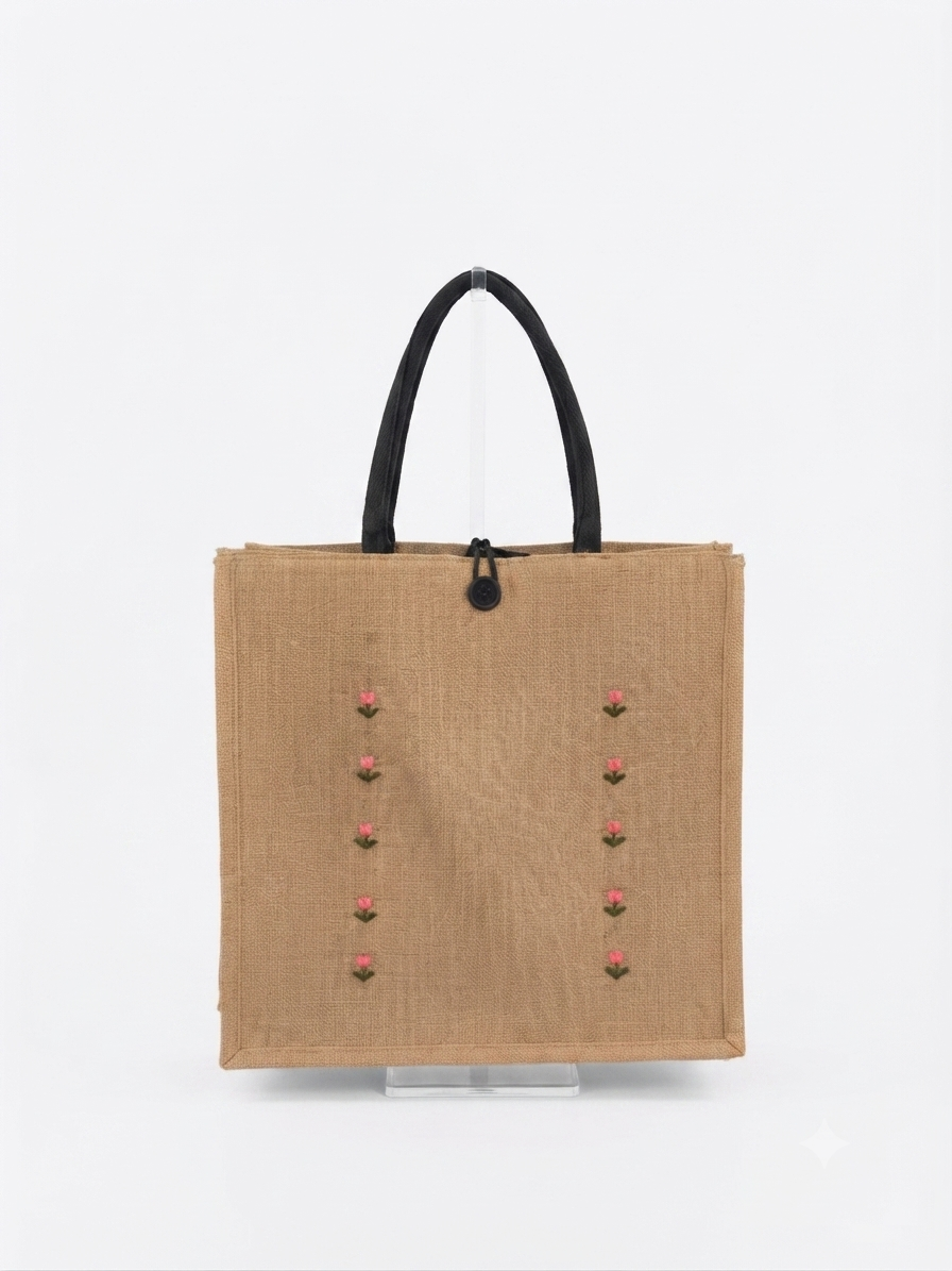 Burlap Pink Tulip Vertical Row Embroidery Tote Bag