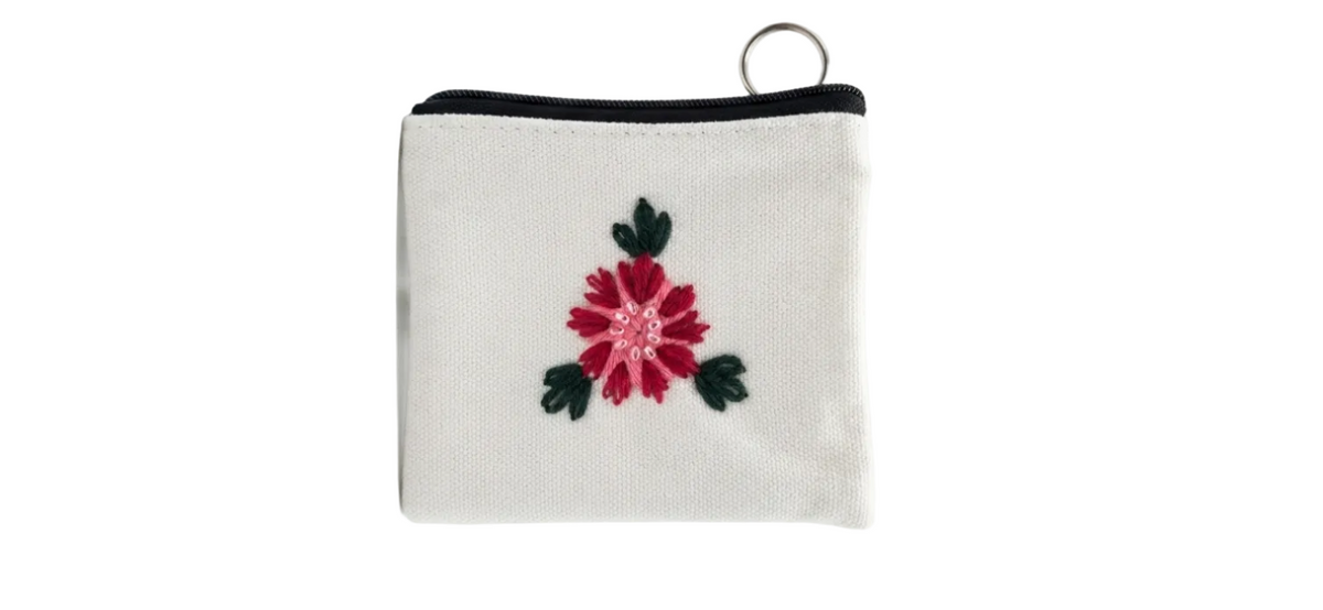 Hand-Embroidered Rose Zip Coin Pouch