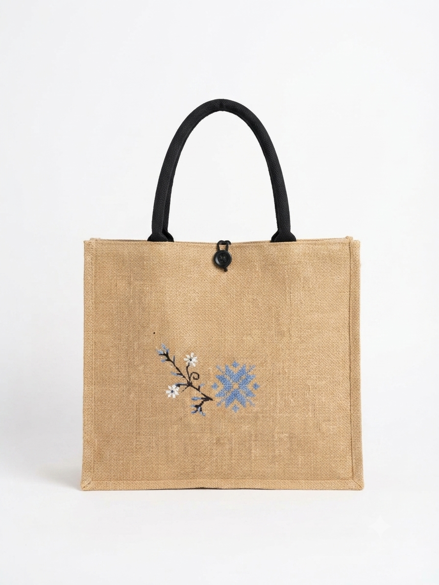 Burlap Blue Floral & Snowflake Embroidery Tote Bag