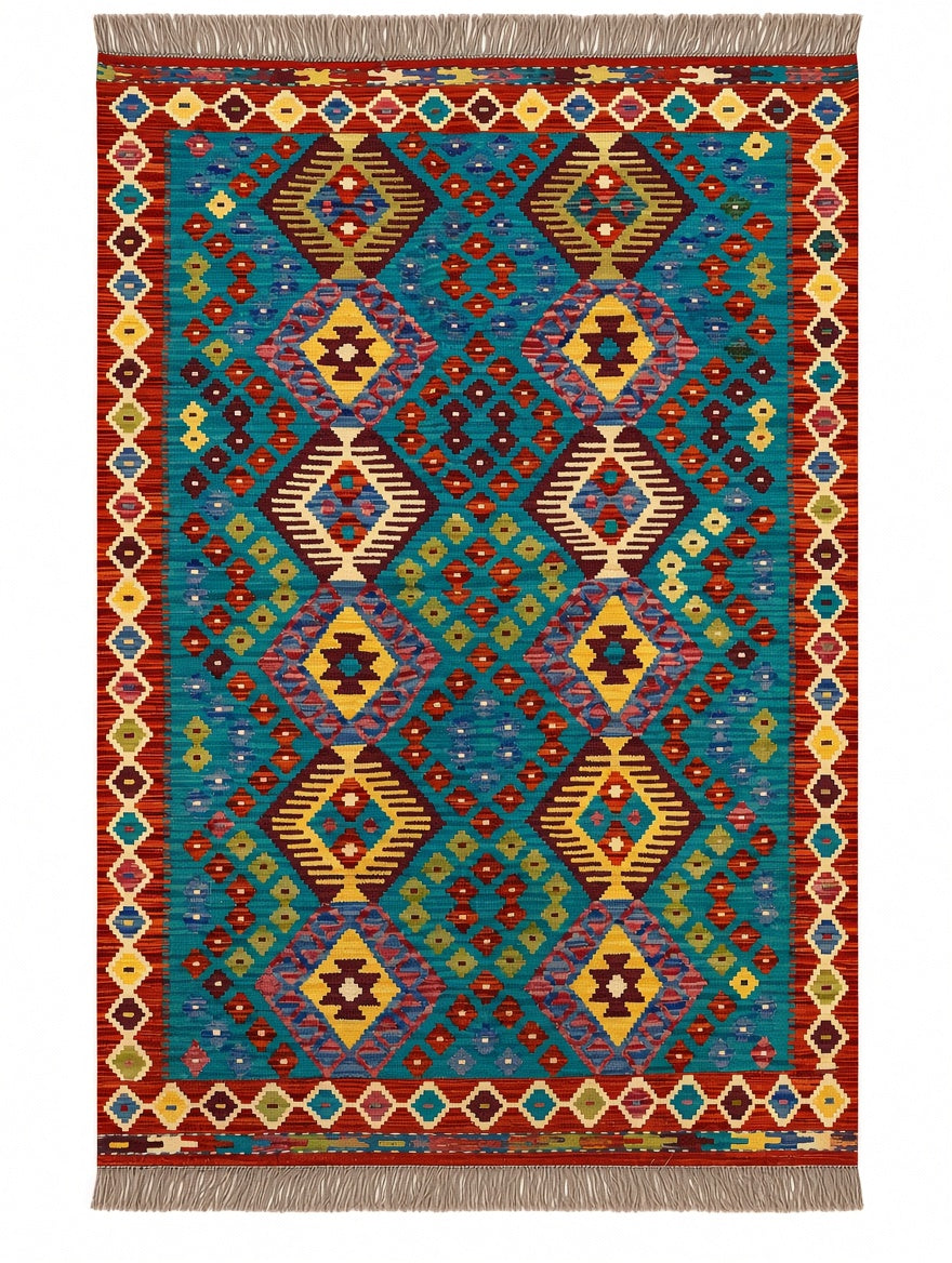 Turquoise Geometric Kilim Rug 178×120 cm – Vibrant Diamond Pattern Handwoven Area Rug
