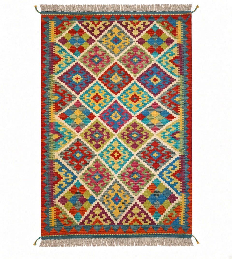 Afghan Maimana Colorful Geometric Kilim Rug 188×193 cm – Vibrant Diamond Pattern Handwoven Area Rug