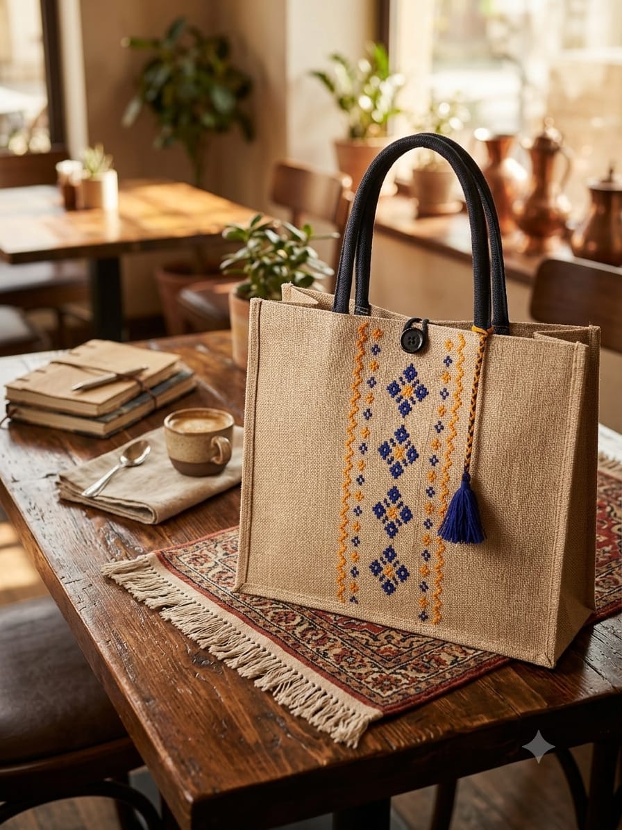 Geometric Cross-Stitch Canvas Tote Bag – Handcrafted Embroidered Handbag with Leather Handles