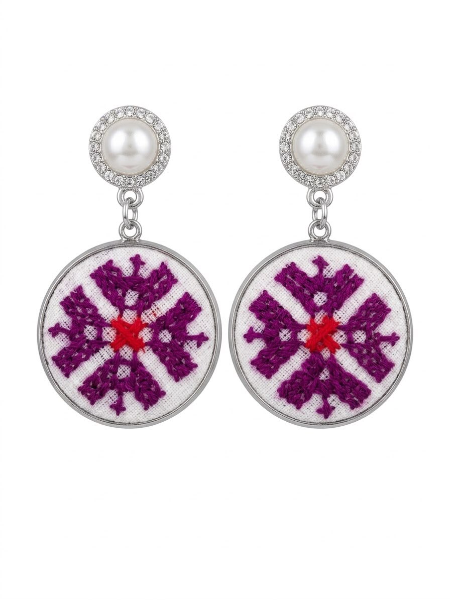 Hand-Embroidered Geometric Drop Earrings with Pearl & Crystal Accents