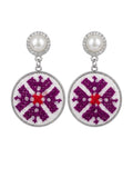 Hand-Embroidered Geometric Drop Earrings with Pearl & Crystal Accents