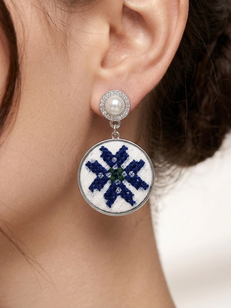 Artisanal Snowflake Embroidered Dangle Earrings with Pearl & Crystals