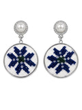 Artisanal Snowflake Embroidered Dangle Earrings with Pearl & Crystals