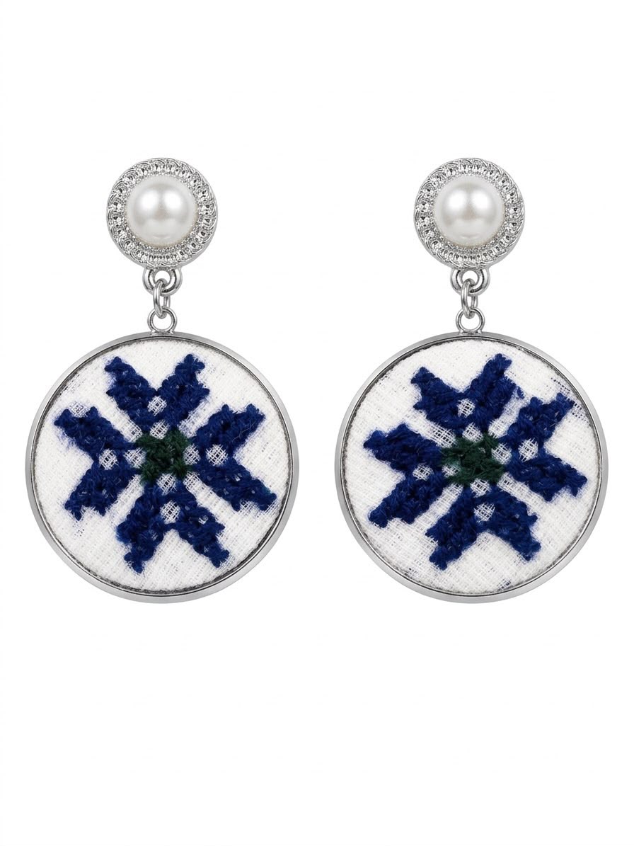 Artisanal Snowflake Embroidered Dangle Earrings with Pearl & Crystals