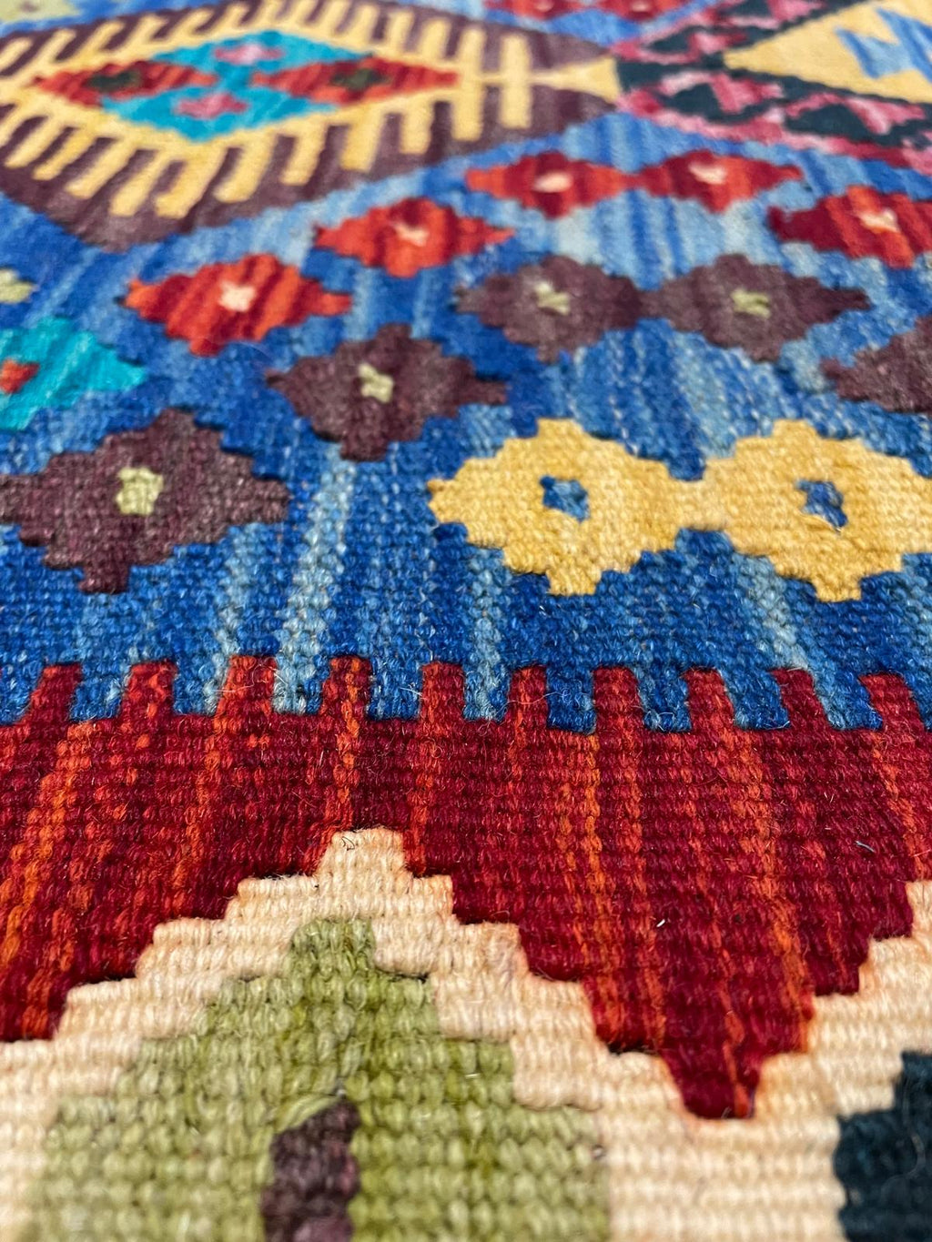 Turquoise Geometric Kilim Rug 178×120 cm – Vibrant Diamond Pattern Handwoven Area Rug
