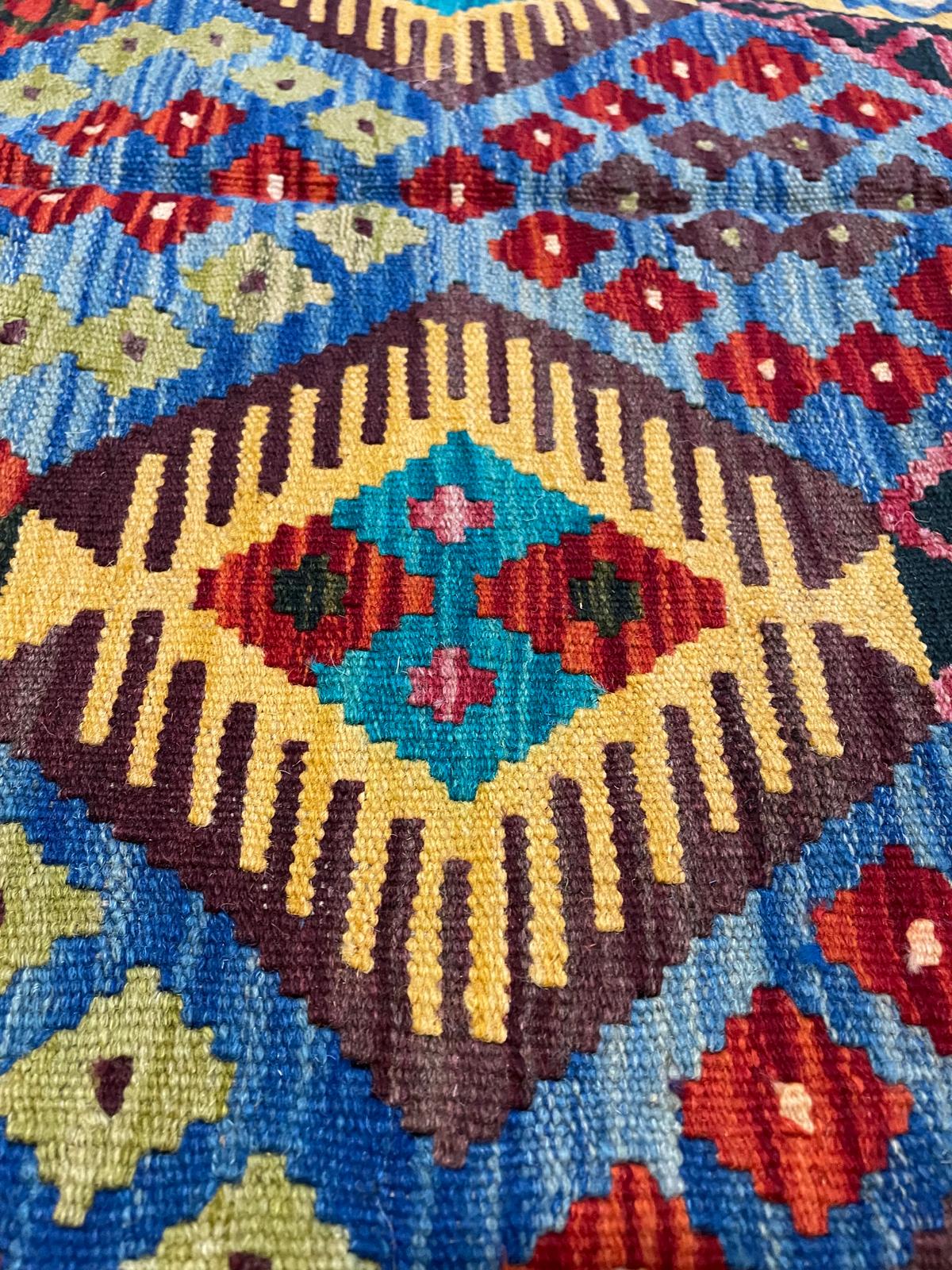 Turquoise Geometric Kilim Rug 178×120 cm – Vibrant Diamond Pattern Handwoven Area Rug