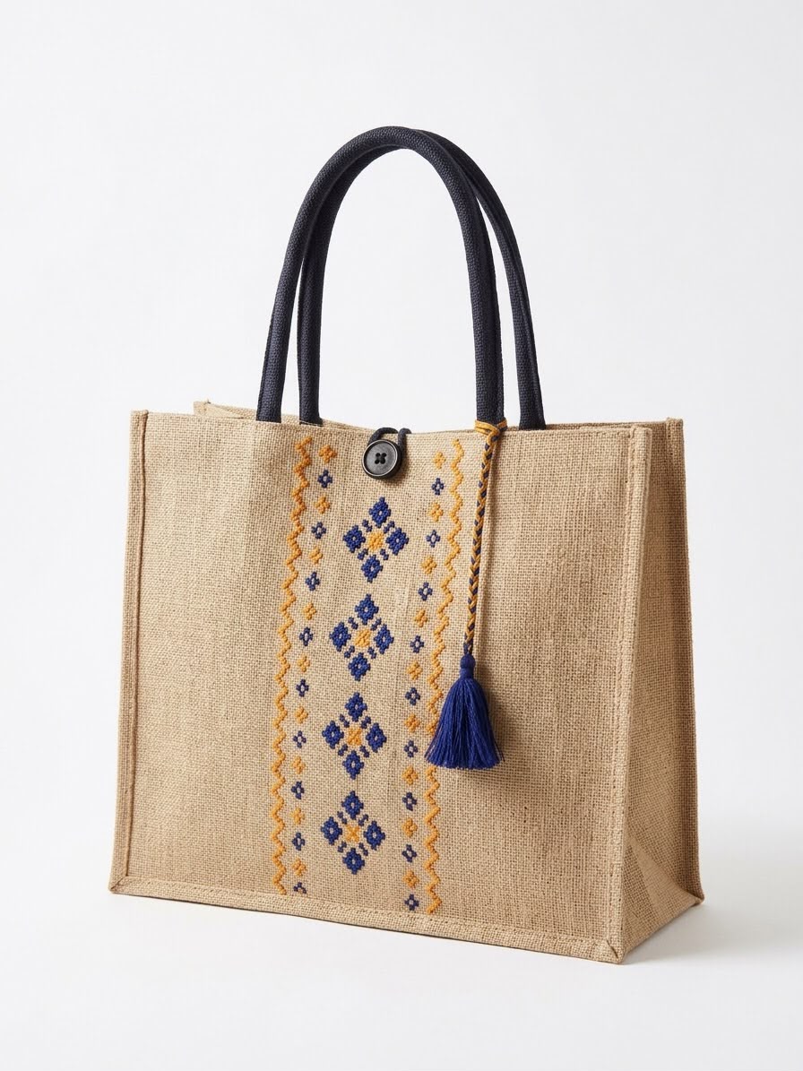 Geometric Cross-Stitch Canvas Tote Bag – Handcrafted Embroidered Handbag with Leather Handles