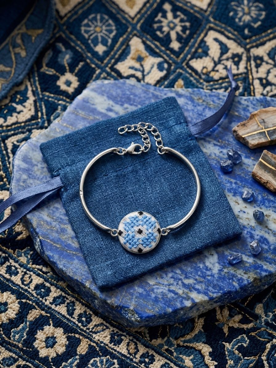 Handcrafted Royal Blue Cross-Stitch Bangle – Boho Embroidered Jewelry