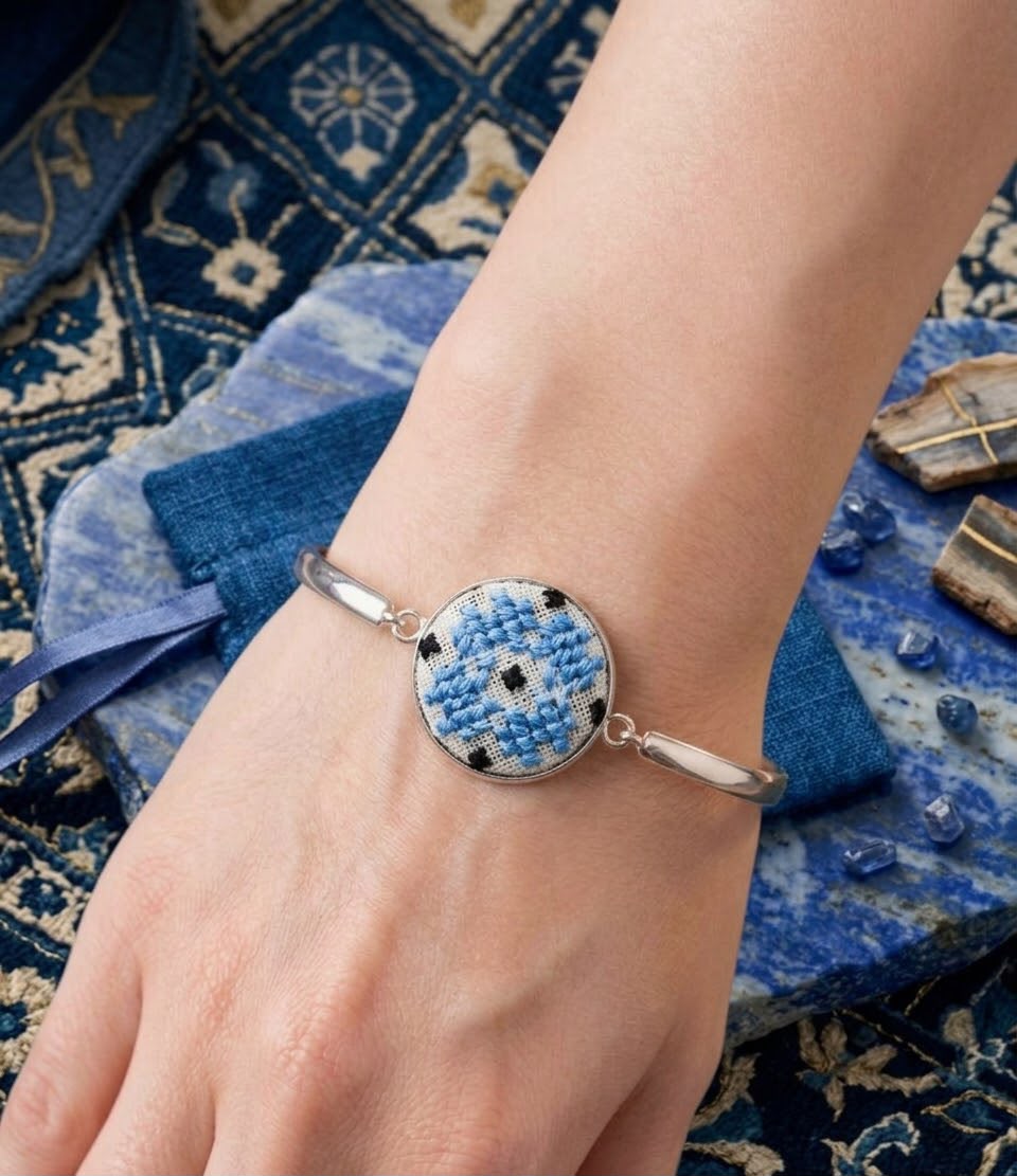 Handcrafted Royal Blue Cross-Stitch Bangle – Boho Embroidered Jewelry