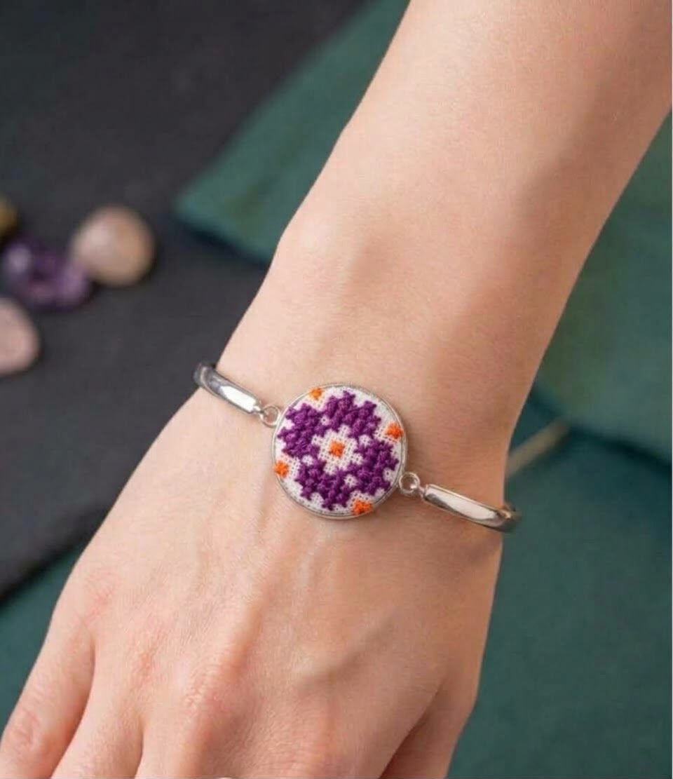 Vintage Style Embroidered Cuff Bracelet with Purple Floral Motif