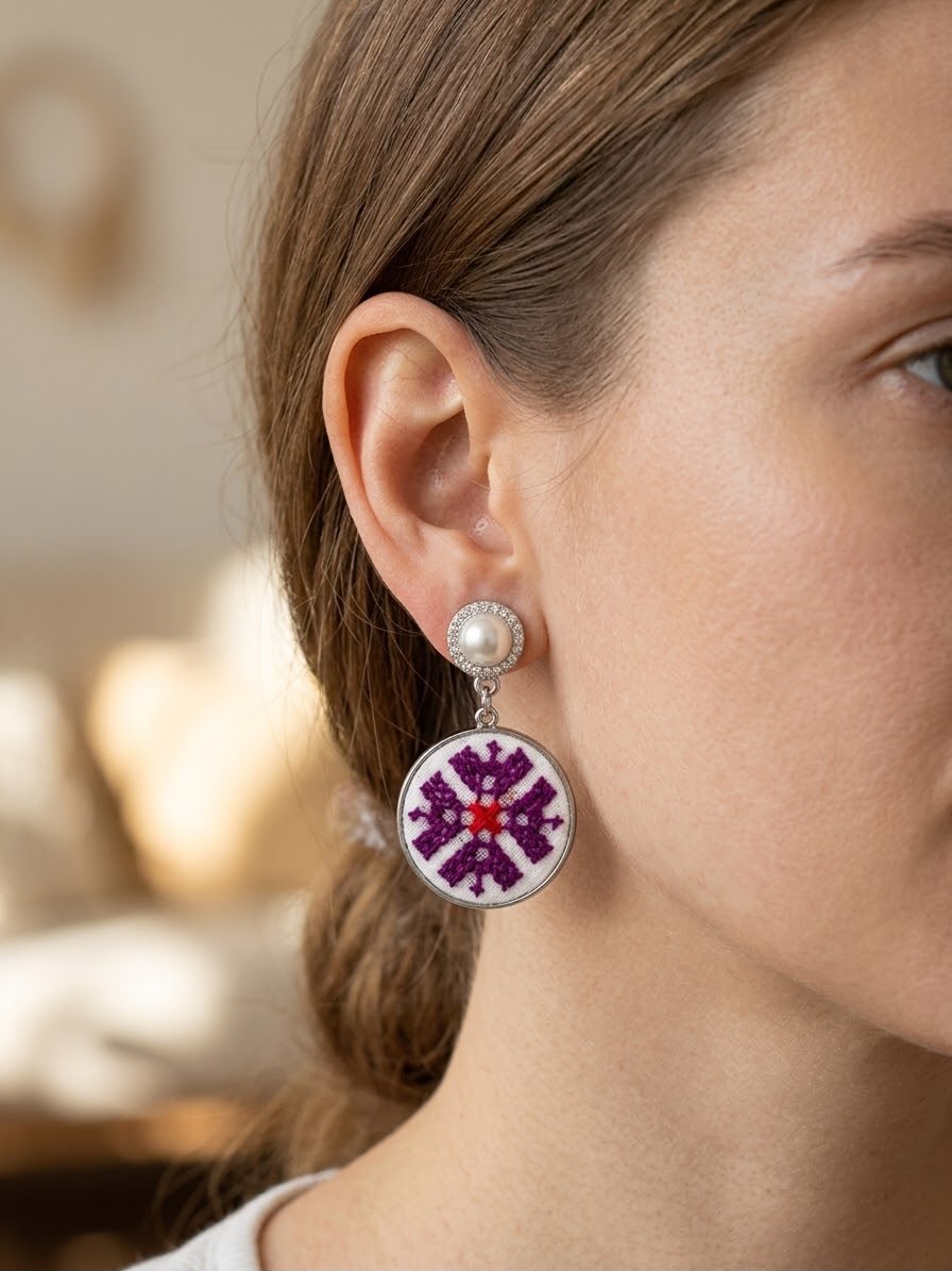 Hand-Embroidered Geometric Drop Earrings with Pearl & Crystal Accents