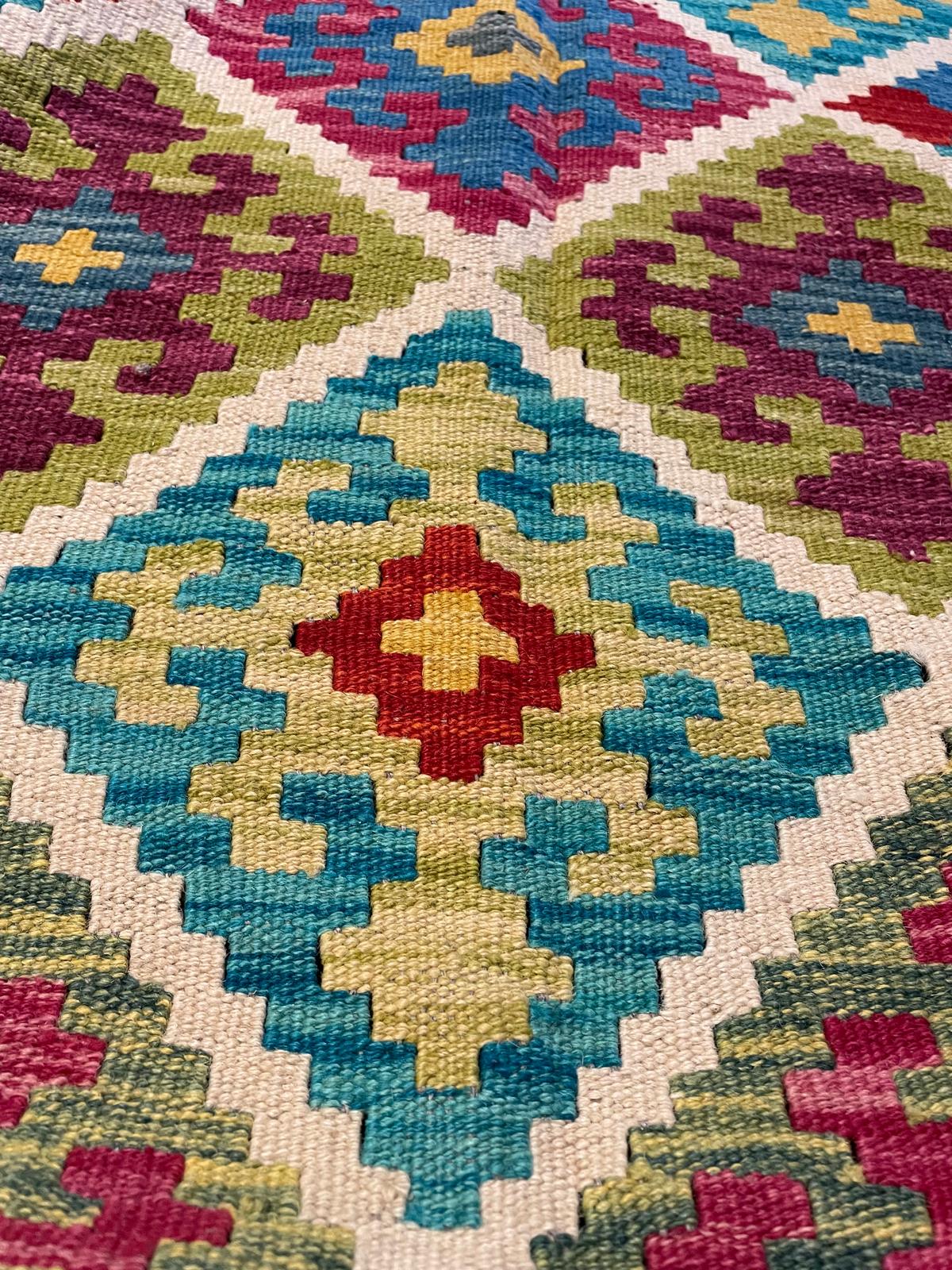 Afghan Maimana Colorful Geometric Kilim Rug 188×193 cm – Vibrant Diamond Pattern Handwoven Area Rug