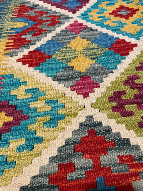 Afghan Maimana Colorful Geometric Kilim Rug 188×193 cm – Vibrant Diamond Pattern Handwoven Area Rug