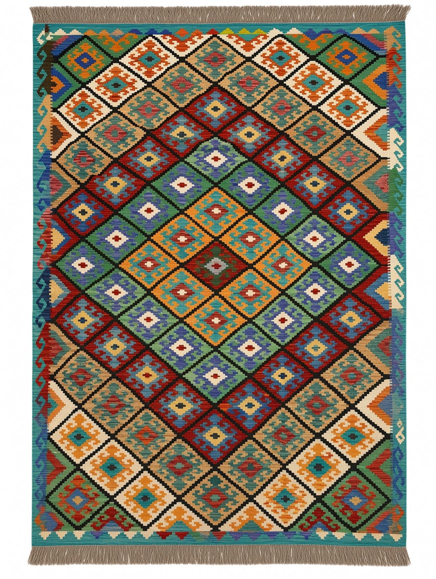 Handwoven Afghan Kilim Rug – Colorful Geometric Diamond Pattern